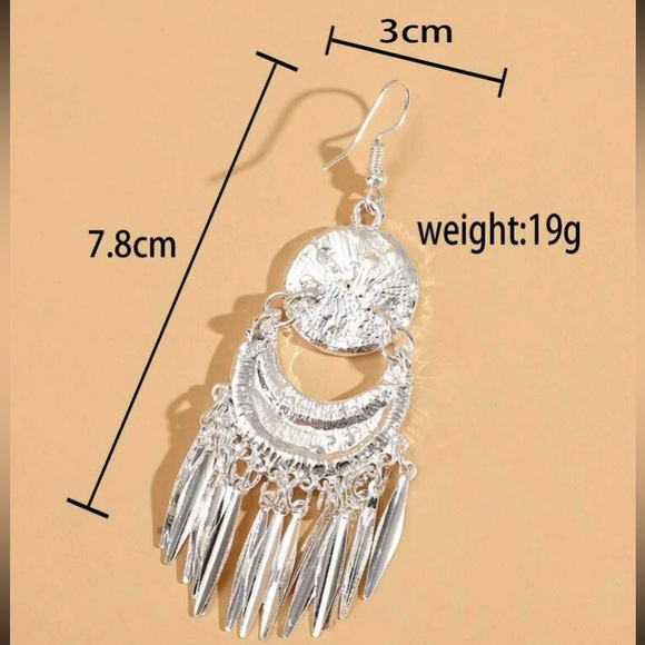 Exotically Shimmering Silver Metal Tasseled Medallion Chandelier Drop Earrings - Picture 3 of 15